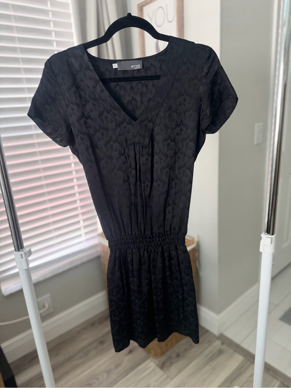 Myne Black Short-Sleeve V-Neck Jacquard Mini Dress 100% Silk